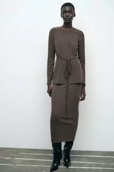 Мягкая юбка миди ZARA, коричневый/серо-коричневый