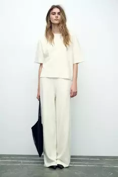 Мягкие брюки в ребрешку ZARA, экрю