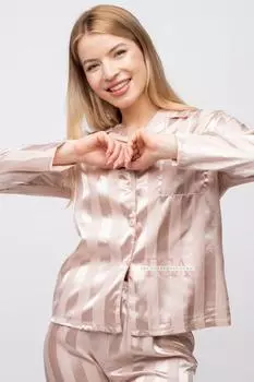 Мягкий атласный ночной костюм с длинными рукавами в бежевую полоску, женский шелковый пижамный комплект для сна The Colourful Aura, бежевый