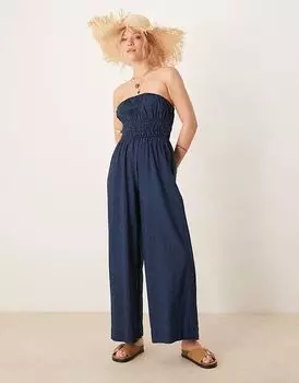 Мягкий джинсовый комбинезон ASOS DESIGN без бретелек с широкими штанинами и присборенной талией, после стирки