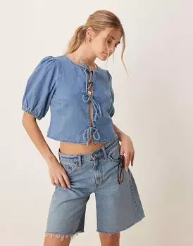 Мягкий джинсовый топ ASOS DESIGN с завязками спереди в цвете «полувыцветший синий»