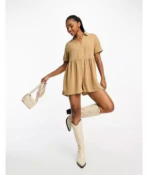 Мягкий комбинезон-рубашка с эффектом льна Miss Selfridge из камня