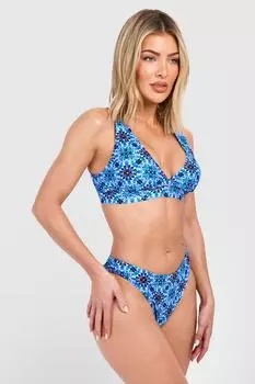 Мягкий комплект бикини с глубоким вырезом и принтом Tile boohoo, синий