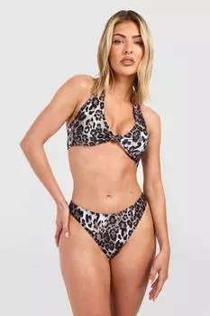 Мягкий комплект бикини с леопардовым принтом и вырезом халтер boohoo, коричневый