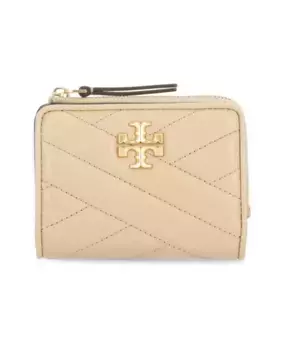 Мягкий кожаный кошелек с металлическим логотипом Tory Burch, бежевый