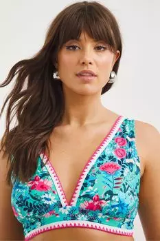 Мягкий лиф бикини Frida сине-розового цвета с цветочным принтом и глубоким вырезом Figleaves, синий