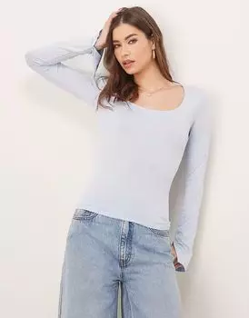 Мягкий на ощупь топ Gina Tricot с длинными рукавами, круглым вырезом и разрезными манжетами синего цвета