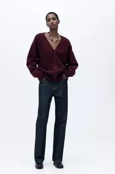 Мягкий однотяжной вязки кардиган ZARA, бордовый