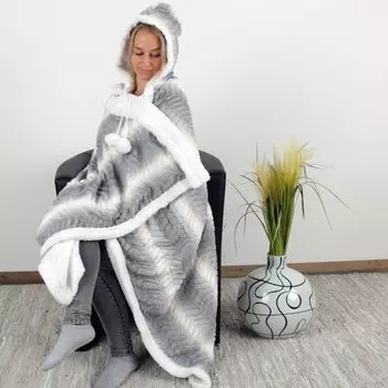 Мягкий плед с капюшоном 130 х 180 см для детей и взрослых, плед ТВ, плед из шерпы под мех, толстовка с капюшоном. Bestlivings, светло-серый