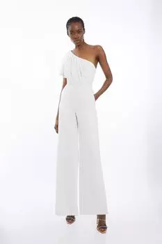 Мягкий приталенный комбинезон на одно плечо с широкими штанинами Karen Millen, белый