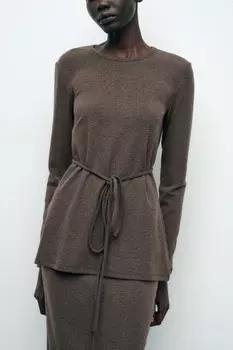 Мягкий свитер с поясом ZARA, коричневый/серо-коричневый