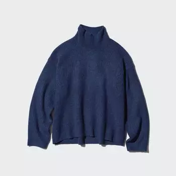 Мягкий свитер с высоким воротником, пушистая пряжа, высокая горловина UNIQLO, синий