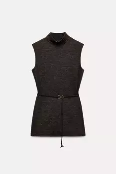 Мягкий топ пике с высоким воротником ZARA, коричневый мергель