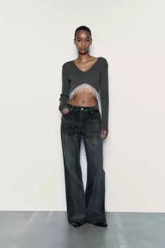 Мягкий топ со стразами ZARA, серый