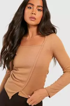 Мягкий трикотажный топ в ребку с длинными рукавами Boohoo, кэмел