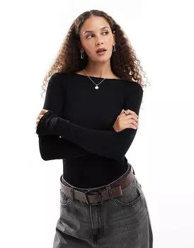 Мягкий трикотажный топ Weekday полупрозрачного черного цвета с длинными рукавами и вырезом-лодочкой