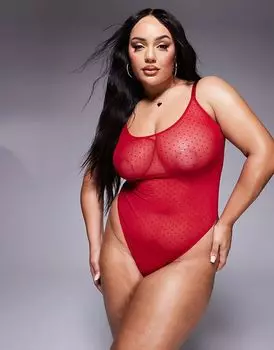 Мягкое боди Lara Spot из сетки и кружева красного цвета ASOS