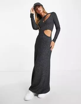 Мягкое черное вересковое платье макси с длинными рукавами и вырезами ASOS DESIGN