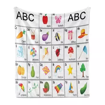 Мягкое фланелевое флисовое одеяло ABAKUHAUS Alphabet, квадраты с буквами для детей, уютный плюш для использования в помещении и на улице, 125 x 175 см, разноцветное
