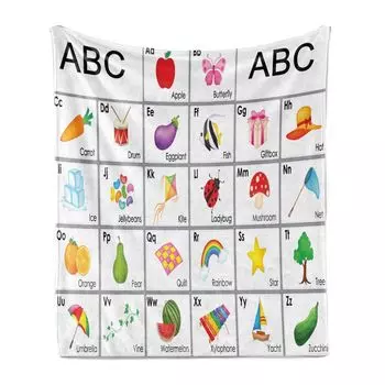 Мягкое фланелевое флисовое одеяло ABAKUHAUS Alphabet, образовательные тематические квадраты с буквами, детская композиция «Животные и овощи», 175 x 230 см, разноцветные