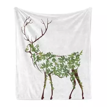Мягкое фланелевое флисовое одеяло ABAKUHAUS Antler, Garden Deer Celebration, уютный плюш для использования в помещении и на открытом воздухе, 125 x 175 см, зеленый, коричневый, белый