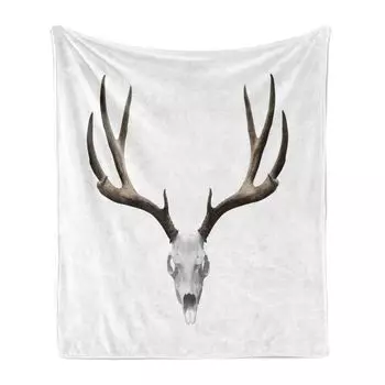 Мягкое фланелевое флисовое одеяло ABAKUHAUS Antler, скелет черепа оленя, уютный плюш для использования в помещении и на улице, 125 x 175 см, теплый темно-серый светло-серый цвет, красный