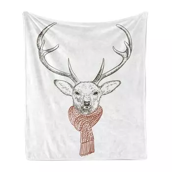 Мягкое фланелевое флисовое одеяло ABAKUHAUS Antler, Зимний олень с шарфом, уютный плюш для использования в помещении и на улице, 125 x 175 см, красно-серо-белый, серый