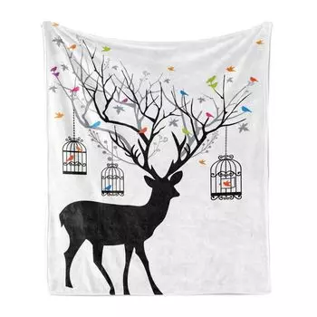 Мягкое фланелевое флисовое одеяло ABAKUHAUS Antlers, Олень с разноцветными птицами и птичьими клетками, силуэтный орнамент, принт в винтажном стиле, 175 x 230 см, разноцветный, красный