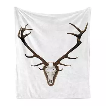 Мягкое фланелевое флисовое одеяло ABAKUHAUS Antlers, рога гигантской оленьей кости на деревянной табличке с принтом черепа, 175 x 230 см, светло-серый и коричневый