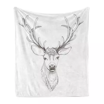 Мягкое фланелевое флисовое одеяло ABAKUHAUS Antlers, Sketch The Deer Head Illustrations Art Черно-белое однотонное изображение диких животных, 175 x 230 см, Теплый темно-серый цвет, черный