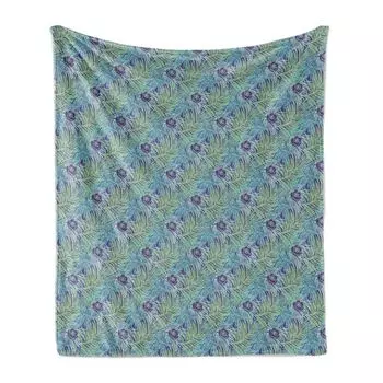 Мягкое фланелевое флисовое одеяло ABAKUHAUS Botanical, Summer Jungle, уютный плюш для использования в помещении и на улице, 125 x 175 см, сине-фиолетово-бирюзовый, синий