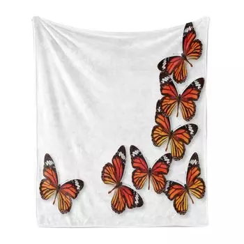 Мягкое фланелевое флисовое одеяло ABAKUHAUS Butterflies, Бабочки Монарх, Рамка с принтом «Насекомые, экзотическая природа», 175 x 230 см, Темно-коричневые бархатцы, белый