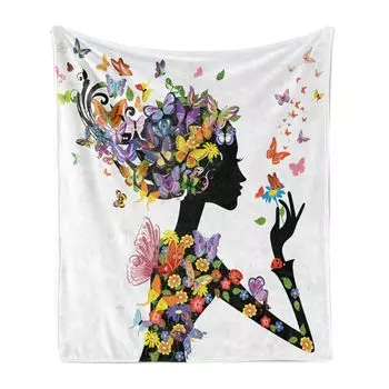 Мягкое фланелевое флисовое одеяло ABAKUHAUS Butterflies, модные цветы для девочек и бабочки, декоративные цветочные листья, природный лесной принт, 175 x 230 см, разноцветные