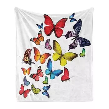 Мягкое фланелевое флисовое одеяло ABAKUHAUS Butterflies, несколько бабочек, романтическое единение, радость, походные деревья, 175 x 230 см, разноцветные