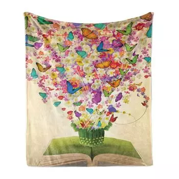 Мягкое фланелевое флисовое одеяло ABAKUHAUS Butterfly, разноцветные бабочки в книге, уютный плюш для использования в помещении и на улице, 125 x 175 см, многоцветный яблочно-зеленый