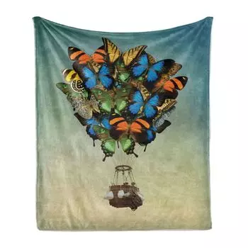 Мягкое фланелевое флисовое одеяло ABAKUHAUS Butterfly, воздушный шар с абстрактным дизайном, разноцветными бабочками и кабиной-корзиной, 175 x 230 см, разноцветный