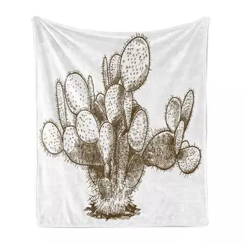 Мягкое фланелевое флисовое одеяло ABAKUHAUS Cactus, нарисованное вручную эскизное растение, уютный плюш для использования в помещении и на открытом воздухе, 125 x 175 см, зелено-коричневый многоцветный, белый