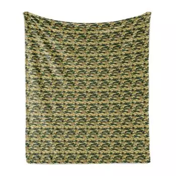 Мягкое фланелевое флисовое одеяло ABAKUHAUS Camouflage, классический камуфляжный орнамент в стиле ретро, 175 x 230 см, разноцветный темный хаки