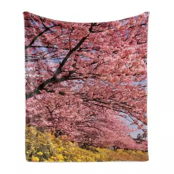 Мягкое фланелевое флисовое одеяло ABAKUHAUS Cherry Tree, весенняя японская сакура, уютный плюш для использования в помещении и на улице, 125 x 175 см, розовая фуксия, розовый