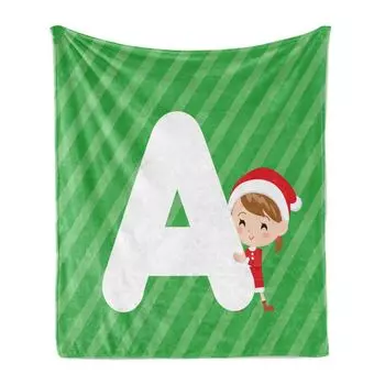 Мягкое фланелевое флисовое одеяло ABAKUHAUS Christmas Alphabet, рождественская буква A, уютный плюш для использования в помещении и на улице, 125 x 175 см, темно-зеленый, кораллово-белый
