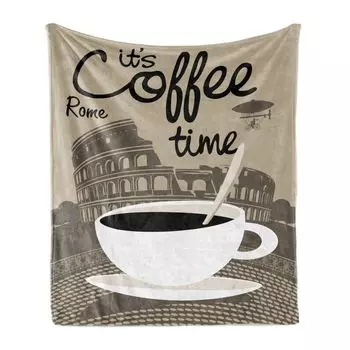 Мягкое фланелевое флисовое одеяло ABAKUHAUS Coffee, текст «Время кофе» от Rome Sign Collesium, 175 x 230 см, желтовато-коричневый серо-желтый