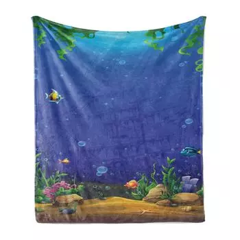 Мягкое фланелевое флисовое одеяло ABAKUHAUS Deep Sea, мультяшный подводный мир с рыбой из песчаника и раковиной, большая рыба, 175 x 230 см, разноцветный фиолетово-синий