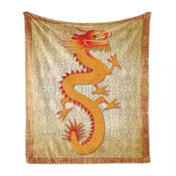 Мягкое фланелевое флисовое одеяло ABAKUHAUS Dragon, элементы китайского народного творчества, уютный плюш для использования в помещении и на улице, 125 x 175 см, оранжево-кино-абрикосовый цвет, оранжевый