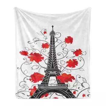 Мягкое фланелевое флисовое одеяло ABAKUHAUS Eiffel Tower, Romantic Paris Art, уютный плюш для использования в помещении и на открытом воздухе, 125 x 175 см, ярко-черный и серый цвета