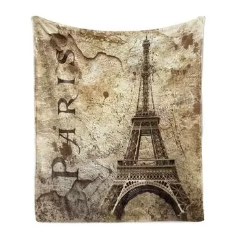 Мягкое фланелевое флисовое одеяло ABAKUHAUS Eiffel Tower, Эйфелева башня на стене в стиле гранж, уютный плюш для использования в помещении и на улице, 125 x 175 см, коричнево-бежевый, коричневый