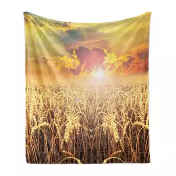 Мягкое фланелевое флисовое одеяло ABAKUHAUS Farmhouse, Anther Field Sunset, уютный плюш для использования в помещении и на открытом воздухе, 125 x 175 см, песочно-коричневый многоцветный