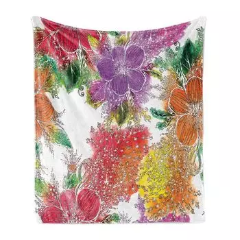 Мягкое фланелевое флисовое одеяло ABAKUHAUS Flowers, абстрактные яркие цветы, уютный плюш для использования внутри и снаружи, 125 x 175 см, разноцветный