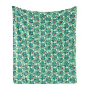 Мягкое фланелевое флисовое одеяло ABAKUHAUS Flowers, экзотическая демонстрация различных экзотических цветов, плантация острова Монстера, 175 x 230 см, зеленый и розовый