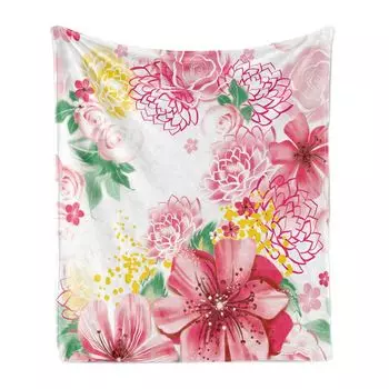 Мягкое фланелевое флисовое одеяло ABAKUHAUS Flowers, экзотические цветы и листья пиона в горошек, 175 x 230 см, пастельно-розовый горчичный цвет