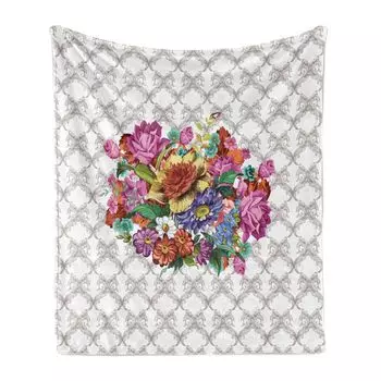 Мягкое фланелевое флисовое одеяло ABAKUHAUS Flowers, букет с дамасским узором, уютный плюш для использования в помещении и на улице, 125 x 175 см, разноцветный
